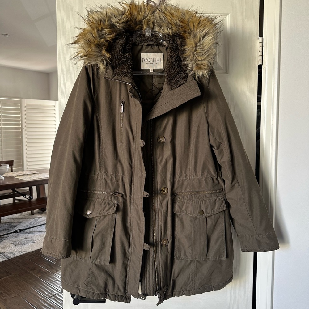 Women’s Faux Fur Trim Army Parka Size Large - Water repellent military green